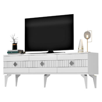 TV stolík DART - luxusný a moderný doplnok pre vašu obývaciu izbuTV stolík DART je navrhnutý pre tých, ktorí hľadajú štýlový a funkčný nábytok s luxusným vzhľadom. Tento stolík dodá vašej obývačke elegantnú a modernú atmosféru.Vyrobený z odolného LTD materiálu s hrúbkou 18 mm, stolík DART je zárukou pevnosti a dlhej životnosti. Je vybavený priestrannou skrinkou s tromi dvierkami, ktorá ponúka dostatok úložného priestoru pre vaše multimediálne zariadenia a príslušenstvo. Plastové úchytky zaisťujú ľahké otváranie a dodávajú stolíku moderný vzhľad.Hlavné vlastnosti produktu:Typ tovaru: TV stolíkVhodné do miestnosti: obývacia izbaMateriál: LTDRozmery: 44.6 x 180 x 30 cmFarba: biela + striebornáVybavenie: skrinkaŠtýl: luxusnéPočet dvierok: 3Úchytky: plastDodatočné informácie: Dodávame v demonte, plastové nožičkyTV stolík DART je dodávaný v demontovanom stave, čo uľahčuje prepravu a montáž. Plastové nožičky zaisťujú stabilitu a chránia podlahu pred poškodením.