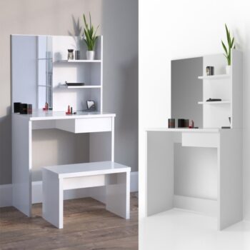 Toaletný stolík so zrkadlom DECOR na prvý pohľad zaujme svojou eleganciou a dizajnom. Pôsobí jednoducho a zároveň moderne. Stolík ponúka aj úložný priestor v podobe 1 zásuvky a políc vedľa zrkadla.Stolík je vyrobený z kvalitnej lamino dosky v bielom farebnom prevedení, zásuvka je v bielom lesku. Použitý materiál je nenáročný na údržbu a má 22 mm. Taburetka nie je súčasťou stolíka.Rozmery: (š/v/h) 75 x 141 x 40 cm. Dodávame v demonte.