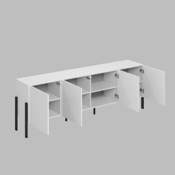 Sektor DEKTON je charakteristický svojim elegantným prevedením a čistými líniami. Výrazným prvkom nábytku sú nožičky, vyrobené z kovu. Sú v čiernej farbe. Nábytok DEKTON je vyrobený z kvalitných LTD dosiek, ktoré sa jednoducho udržiavajú, s ABS hranami.Televízny stolík je štvordverový. Vo vnútri sa nachádzajú police.Rozmery (š,v,h): 204 x 70 x 40 cm.Farba: biela matnáDodávame v demontovanom stave.