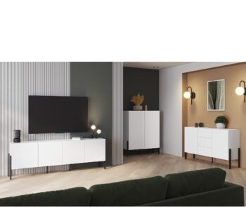 Sektor DEKTON je charakteristický svojim elegantným prevedením a čistými líniami. Výrazným prvkom nábytku sú nožičky, vyrobené z kovu. Sú v čiernej farbe. Nábytok DEKTON je vyrobený z kvalitných LTD dosiek, ktoré sa jednoducho udržiavajú, s ABS hranami.Televízny stolík je štvordverový. Vo vnútri sa nachádzajú police.Rozmery (š,v,h): 204 x 70 x 40 cm.Farba: biela matnáDodávame v demontovanom stave.