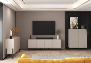 Sektor DEKTON je charakteristický svojim elegantným prevedením a čistými líniami. Výrazným prvkom nábytku sú nožičky, vyrobené z kovu. Sú v čiernej farbe. Nábytok DEKTON je vyrobený z kvalitných LTD dosiek, ktoré sa jednoducho udržiavajú, s ABS hranami.Televízny stolík je štvordverový. Vo vnútri sa nachádzajú police.Rozmery (š,v,h): 204 x 70 x 40 cm.Farba: kašmírDodávame v demontovanom stave.