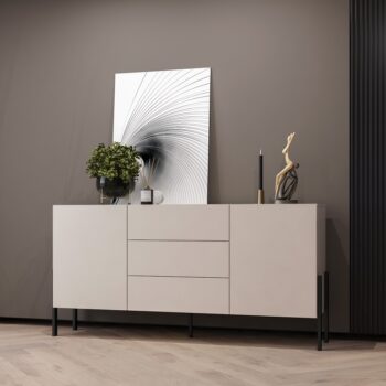 Sektor DEKTON je charakteristický svojim elegantným prevedením a čistými líniami. Výrazným prvkom nábytku sú nožičky, vyrobené z kovu. Sú v čiernej farbe. Nábytok DEKTON je vyrobený z kvalitných LTD dosiek, ktoré sa jednoducho udržiavajú, s ABS hranami.Kombinovaná komoda je dvojdverová. Má 2 praktické zásuvky.Rozmery (š,v,h): 184 x 90 x 40 cm.Farba: kašmírDodávame v demontovanom stave.
