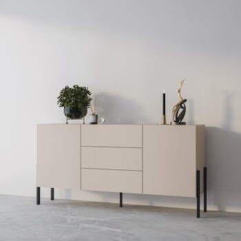 Sektor DEKTON je charakteristický svojim elegantným prevedením a čistými líniami. Výrazným prvkom nábytku sú nožičky, vyrobené z kovu. Sú v čiernej farbe. Nábytok DEKTON je vyrobený z kvalitných LTD dosiek, ktoré sa jednoducho udržiavajú, s ABS hranami.Kombinovaná komoda je dvojdverová. Má 2 praktické zásuvky.Rozmery (š,v,h): 184 x 90 x 40 cm.Farba: kašmírDodávame v demontovanom stave.