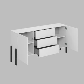 Sektor DEKTON je charakteristický svojim elegantným prevedením a čistými líniami. Výrazným prvkom nábytku sú nožičky, vyrobené z kovu. Sú v čiernej farbe. Nábytok DEKTON je vyrobený z kvalitných LTD dosiek, ktoré sa jednoducho udržiavajú, s ABS hranami.Obývacia zostava sa skladá z týchto prvkov:DEKTON Televízny stolík - rozmery (š,v,h): 204 x 70 x 40 cm,DEKTON kombinovaná komoda - rozmery (š,v,h): 184 x 90 x 40 cm,DEKTON dvojdverová komoda - rozmery (š,v,h): 114 x 135 x 40 cm.Farebné prevedenie: biela matnáDodávame v demontovanom stave. 