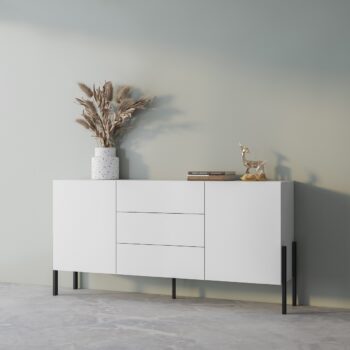 Sektor DEKTON je charakteristický svojim elegantným prevedením a čistými líniami. Výrazným prvkom nábytku sú nožičky, vyrobené z kovu. Sú v čiernej farbe. Nábytok DEKTON je vyrobený z kvalitných LTD dosiek, ktoré sa jednoducho udržiavajú, s ABS hranami.Obývacia zostava sa skladá z týchto prvkov:DEKTON Televízny stolík - rozmery (š,v,h): 204 x 70 x 40 cm,DEKTON kombinovaná komoda - rozmery (š,v,h): 184 x 90 x 40 cm,DEKTON dvojdverová komoda - rozmery (š,v,h): 114 x 135 x 40 cm.Farebné prevedenie: biela matnáDodávame v demontovanom stave. 