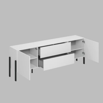 Sektor DEKTON je charakteristický svojim elegantným prevedením a čistými líniami. Výrazným prvkom nábytku sú nožičky, vyrobené z kovu. Sú v čiernej farbe. Nábytok DEKTON je vyrobený z kvalitných LTD dosiek, ktoré sa jednoducho udržiavajú, s ABS hranami.Obývacia zostava sa skladá z týchto prvkov:DEKTON Televízny stolík - rozmery (š,v,h): 204 x 70 x 40 cm,DEKTON kombinovaná komoda - rozmery (š,v,h): 184 x 90 x 40 cm,DEKTON dvojdverová komoda - rozmery (š,v,h): 114 x 135 x 40 cm.Farebné prevedenie: biela matnáDodávame v demontovanom stave. 