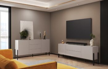 Sektor DEKTON je charakteristický svojim elegantným prevedením a čistými líniami. Výrazným prvkom nábytku sú nožičky, vyrobené z kovu. Sú v čiernej farbe. Nábytok DEKTON je vyrobený z kvalitných LTD dosiek, ktoré sa jednoducho udržiavajú, s ABS hranami.Obývacia zostava sa skladá z týchto prvkov:DEKTON Televízny stolík - rozmery (š,v,h): 204 x 70 x 40 cm,DEKTON kombinovaná komoda - rozmery (š,v,h): 184 x 90 x 40 cm.Farebné prevedenie: kašmírDodávame v demontovanom stave. 