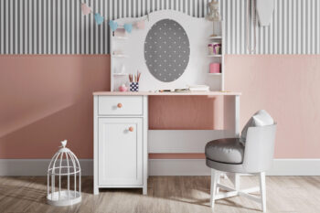 Toaletný stolík DELOR je určený pre dievčatá. Vyznačuje sa eleganciou, dizajnom a zároveň praktickosťou. Je v jedinečnom provensálskom štýle.Je vyrobená z kvalitných LTD dosiek, ktoré sa jednoducho udržiavajú. Farebné prevedenie je v príjemnom kontraste bielej a ružovej farby.Skladá sa z:- DELOR písací stôl 03 - rozmery (š,v,h): 110 x 76 x 52 cm,- DELOR toaletka na stolík 06 - rozmery (š,v,h): 94 x 81 x 14 cm.Rozmery (š,v,h): 110 x 157 x 52 cm.Dodávame v demontovanom stave.