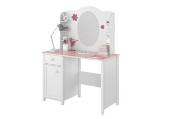 Toaletný stolík DELOR je určený pre dievčatá. Vyznačuje sa eleganciou, dizajnom a zároveň praktickosťou. Je v jedinečnom provensálskom štýle.Je vyrobená z kvalitných LTD dosiek, ktoré sa jednoducho udržiavajú. Farebné prevedenie je v príjemnom kontraste bielej a ružovej farby.Skladá sa z:- DELOR písací stôl 03 - rozmery (š,v,h): 110 x 76 x 52 cm,- DELOR toaletka na stolík 06 - rozmery (š,v,h): 94 x 81 x 14 cm.Rozmery (š,v,h): 110 x 157 x 52 cm.Dodávame v demontovanom stave.