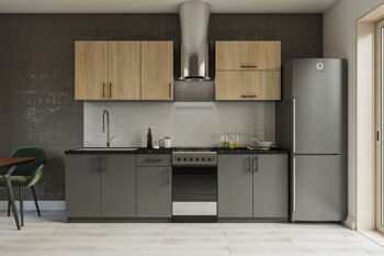 Moderná kuchyňa Delos vás zaujme svojim praktickým a zároveň štýlovým prevedením. Je vhodná do moderných interiérov. Disponuje množstvom úložného priestoru.Výška horných skriniek: 36, 72 cm. Hĺbka: 30/32 cm. Výška dolných skriniek: 82 cm. Hĺbka: 46 cm.Sokel nie je v cene zostavy.Rozmery zostavy (š,h): 200 x 48 cm.Kuchynské skrinky sú vyrobené z kvalitných LTD dosiek. Ich údržba je nenáročná. Korpus je vo farbe grafit. Dvierka sú vo farbe dub Sonoma, antracit. Úchyty, ktoré sú v cene sú plastové, v čiernej farbe.Kuchynská zostava je zložená z týchto prvkov:horná skrinka 80/72 cm, horná skrinka 40/72 cm, 2 x horná skrinka 80/36 cm, dolná drezová skrinka 80/82 cm, dolná skrinka 40/82 cm, dolná skrinka 80/82 cmDrez a pracovnú dosku je potrebné dokúpiť.Spotrebiče nie sú súčasťou kuchynskej linky.Kuchyňu je možné zakúpiť len ako zostavu.Dodávame v demontovanom stave.