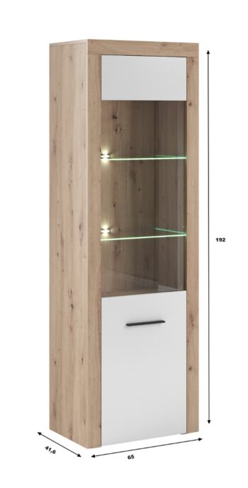 DELTA je moderný a dizajnový obývací sektor, ktorý zaujme nejedného zákazníka. Je vhodný do moderných a nadčasových interiérov. Vďaka viacerým prvkom sektoru DELTA si vytvoríte vašu domácnosť podľa predstáv.Vitrína je vyrobená z kvalitných LTD dosiek, ktoré sa jednoducho udržiavajú. Vitrína je vysoká, čiastočne presklená, jednodverová.Farebné prevedenie: dub Artisan, biely lesk.Rozmery:šírka: 65 cmvýška: 192 cmhĺbka: 42 cmDodávame v demontovanom stave. 