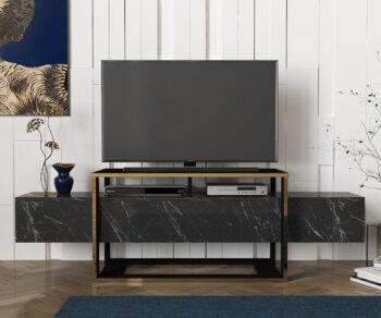 Očarujúci dizajnový TV stolík DELUXE BIANCO sa vyznačuje netradičným tvarom a štýlovou kombináciou farieb. Stredová konštrukcia v zlatej farbe oživý čierny mramorový dizajn a dodáva produktu punc luxusu. Po bokoch stolíka sú praktické otvorené skrinky, ktoré vám poslúžia ako úložný priestor. S týmto stolíkom zaručene očaríte každú návštevu. Stolík je vyrobený z kvalitnej LTD dosky ktorá je nenáročná na údržbu. Farebné prevedenie: čierny mramor / zlatáCelkové rozmery: (š/v/h)  160 x 49,8 x 46,1 cm (podrobnejšie rozmery v nákrese)Dodávame v demonte. 