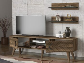 Zaujímavý TV stolík DELUXE LEGATO sa vďaka svojmu prírodnému prevedeniu výborne hodí do interiérov ladených v orientálnom štýle, ale tiež do moderného bývania aj vďaka štýlovým nožičkám. Je charakteristický výraznou kresbou dreva, ktorá je doplnená dekoratívnymi prvkami na čelách dvierok a zaujímavými úchytmi.  Skrinka poskytuje dostatok úložného priestoru vo forme otvorených políc ako aj zatvorených skriniek. Súčasťou TV stolíka sú aj praktické závesné police, ktoré ideálne poslúžia na vystavenie dekorácií či kníh. Farebné prevedenie: orechRozmery TV stolíka: (š/v/h) 150 x 45,5 x 30 (ďalšie rozmery v nákrese)Dodávame v demonte. 