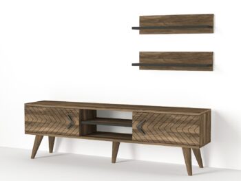 Zaujímavý TV stolík DELUXE LEGATO sa vďaka svojmu prírodnému prevedeniu výborne hodí do interiérov ladených v orientálnom štýle, ale tiež do moderného bývania aj vďaka štýlovým nožičkám. Je charakteristický výraznou kresbou dreva, ktorá je doplnená dekoratívnymi prvkami na čelách dvierok a zaujímavými úchytmi.  Skrinka poskytuje dostatok úložného priestoru vo forme otvorených políc ako aj zatvorených skriniek. Súčasťou TV stolíka sú aj praktické závesné police, ktoré ideálne poslúžia na vystavenie dekorácií či kníh. Farebné prevedenie: orechRozmery TV stolíka: (š/v/h) 150 x 45,5 x 30 (ďalšie rozmery v nákrese)Dodávame v demonte. 