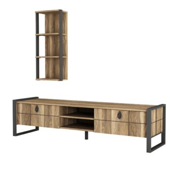 Dizajnový TV stolík DELUXE LOST vás vďaka svojmu netradičnému prevedeniu prenesie do sveta orientu. Je charakteristický výraznou kresbou dreva, ktorá je doplnená metalovými prvkami v podobe úchytov a masívnych nožičiek. Skrinka poskytuje dostatok úložného priestoru vo forme otvorených políc ako aj zatvorených skriniek s výklopom. Súčasťou TV stolíka DELUXE LOST je aj praktická závesná polica, ktorá ideálne poslúži na vystavenie dekorácií či kníh. Farebné prevedenie: čierny kov / orechRozmery: (š/v/h) 184,5 x 45 x 34 (ďalšie rozmery v nákrese)Dodávame v demonte. V ponuke aj konferenčný stolík v rovnakom prevedení. (viď. Príslušenstvo)