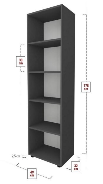 Moderný dizajnový regál DENISSA je v štýlovom a modernom prevedení. Je vhodný do pracovne, kancelárie či detskej izby.Tento dizajnový regál je vyrobený  z kvalitnej LTD dosky, ktorá je nenáročná na údržbu. Hrúbka dosky - 18 mm. FArba: antracit.Rozmery:Výška produktu: 178 cmŠírka produktu: 49 cmHĺbka produktu: 32 cmVýška medzi policami: 33 cmVýška nohy: 2,5 cmDodávame v demontovanom stave. 