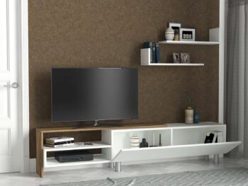 Objavte DESIGN, obývaciu stenu, ktorá skvele kombinuje sviežosť a teplý vzhľad bielej a orechovej farby. Táto zostava je ideálnym riešením pre každú obývaciu izbu, kde spája škandinávsky minimalizmus s maximálnou funkčnosťou.Detailné špecifikácieTyp tovaru: Obývacia stenaMateriál: Vysoko kvalitné LTD s hrúbkou 18 mm, ktorý zaručuje odolnosť a dlhú životnosť.Rozmery: TV stolík (181.8 x 31.3 x 41.3 cm) a nástenné police (60 x 19.5 x 16.3 cm), poskytujúce dostatok priestoru pre multimediálne zariadenia a dekorácie.Farba: Kombinácia bielej a orechovej, ktorá dodáva priestoru teplý, ale zároveň moderný vzhľad.Vybavenie: Regálka v TV stolíku a nástenné police poskytujú funkčný priestor na uskladnenie a zobrazenie vašich obľúbených predmetov.Dodatočné informácie: Produkt dodávame v demontovanom stave, čo uľahčuje jeho transport a montáž.Obývacia stena DESIGN je dokonalým spojením elegancie a praktickosti, ktoré prináša do vášho domova nielen estetickú krásu, ale aj potrebnú funkčnosť. Jej premyslený dizajn a kvalitné materiály zaistia, že sa stane dominantným a dlhotrvajúcim prvkom vášho interiéru.
