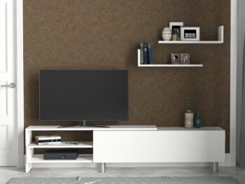 Objavte DESIGN, obývaciu stenu v škandinávskom štýle, ktorá vyniká svojou jednoduchosťou a funkčnosťou. Táto zostava, celá v bielej farbe, prináša do obývacej izby svieži a čistý vzhľad, zatiaľ čo poskytuje praktické riešenie na usporiadanie vašej elektroniky a dekoratívnych predmetov.Detailné špecifikácieTyp tovaru: Obývacia stenaMateriál: Vysoko kvalitné LTD s hrúbkou 18 mm, čo zaručuje vysokú odolnosť a dlhú životnosť.Rozmery: TV stolík (181.8 x 31.3 x 41.3 cm) a nástenné police (60 x 19.5 x 16.3 cm), poskytujúce dostatok priestoru pre multimediálne zariadenia a dekorácie.Farba: Čistá biela, ktorá priestor opticky zväčšuje a dodáva mu pocit sviežosti a čistoty.Štýl: Škandinávsky, známy svojím minimalizmom a zameraním na funkčnosť a prirodzenú estetiku.Vybavenie: Regálka integrovaná v TV stolíku a nástenné police ponúka praktické a esteticky príjemné riešenie pre uloženie všetkého potrebného.Dodatočné informácie: Produkt dodávame v demontovanom stave, čo uľahčuje jeho transport a montáž.Obývacia stena DESIGN je ideálnou voľbou pre tých, ktorí hľadajú nábytok, ktorý je nielen praktický a funkčný, ale aj esteticky príjemný a dokáže harmonicky doplniť akýkoľvek moderný interiér. Jej premyslený dizajn a kvalitné materiály zaistia, že sa stane dominantným a dlhotrvajúcim prvkom vášho domova.