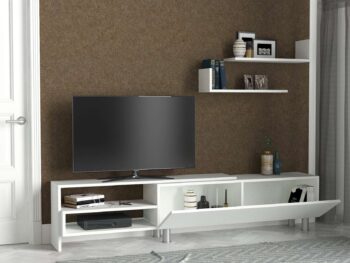 Objavte DESIGN, obývaciu stenu v škandinávskom štýle, ktorá vyniká svojou jednoduchosťou a funkčnosťou. Táto zostava, celá v bielej farbe, prináša do obývacej izby svieži a čistý vzhľad, zatiaľ čo poskytuje praktické riešenie na usporiadanie vašej elektroniky a dekoratívnych predmetov.Detailné špecifikácieTyp tovaru: Obývacia stenaMateriál: Vysoko kvalitné LTD s hrúbkou 18 mm, čo zaručuje vysokú odolnosť a dlhú životnosť.Rozmery: TV stolík (181.8 x 31.3 x 41.3 cm) a nástenné police (60 x 19.5 x 16.3 cm), poskytujúce dostatok priestoru pre multimediálne zariadenia a dekorácie.Farba: Čistá biela, ktorá priestor opticky zväčšuje a dodáva mu pocit sviežosti a čistoty.Štýl: Škandinávsky, známy svojím minimalizmom a zameraním na funkčnosť a prirodzenú estetiku.Vybavenie: Regálka integrovaná v TV stolíku a nástenné police ponúka praktické a esteticky príjemné riešenie pre uloženie všetkého potrebného.Dodatočné informácie: Produkt dodávame v demontovanom stave, čo uľahčuje jeho transport a montáž.Obývacia stena DESIGN je ideálnou voľbou pre tých, ktorí hľadajú nábytok, ktorý je nielen praktický a funkčný, ale aj esteticky príjemný a dokáže harmonicky doplniť akýkoľvek moderný interiér. Jej premyslený dizajn a kvalitné materiály zaistia, že sa stane dominantným a dlhotrvajúcim prvkom vášho domova.