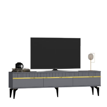 TV stolík DIMENSION - luxusný doplnok pre vašu obývaciu izbuTV stolík DIMENSION je perfektným spojením elegancie a funkčnosti, ktoré zaujme každého milovníka moderného dizajnu. Jeho luxusný vzhľad a praktické usporiadanie robia z tohto stolíka ideálny doplnok pre vašu obývaciu izbu.Vyrobený z vysoko kvalitného LTD materiálu s hrúbkou 18 mm, stolík DIMENSION zaručuje pevnosť a dlhú životnosť. Disponuje priestrannou skrinkou s tromi dvierkami, ktorá ponúka dostatok úložného priestoru pre vaše multimediálne zariadenia a ďalšie potreby. Vďaka svojmu modernému a luxusnému štýlu sa stolík stane stredobodom vašej obývačky.Hlavné vlastnosti produktu:Typ tovaru: TV stolíkVhodné do miestnosti: obývacia izbaMateriál: LTDRozmery: 44.6 x 180 x 29.6 cmFarba: antracit + zlatáVybavenie: skrinkaŠtýl: luxusnéPočet dvierok: 3Dodatočné informácie: Dodávame v demonte, plastové nožičkyTV stolík DIMENSION je dodávaný v demontovanom stave, čo uľahčuje prepravu a montáž. Plastové nožičky zaisťujú stabilitu a ochranu podlahy pred poškodením.