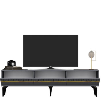 TV stolík DIMENSION - luxusný doplnok pre vašu obývaciu izbuTV stolík DIMENSION je perfektným spojením elegancie a funkčnosti, ktoré zaujme každého milovníka moderného dizajnu. Jeho luxusný vzhľad a praktické usporiadanie robia z tohto stolíka ideálny doplnok pre vašu obývaciu izbu.Vyrobený z vysoko kvalitného LTD materiálu s hrúbkou 18 mm, stolík DIMENSION zaručuje pevnosť a dlhú životnosť. Disponuje priestrannou skrinkou s tromi dvierkami, ktorá ponúka dostatok úložného priestoru pre vaše multimediálne zariadenia a ďalšie potreby. Vďaka svojmu modernému a luxusnému štýlu sa stolík stane stredobodom vašej obývačky.Hlavné vlastnosti produktu:Typ tovaru: TV stolíkVhodné do miestnosti: obývacia izbaMateriál: LTDRozmery: 44.6 x 180 x 29.6 cmFarba: antracit + zlatáVybavenie: skrinkaŠtýl: luxusnéPočet dvierok: 3Dodatočné informácie: Dodávame v demonte, plastové nožičkyTV stolík DIMENSION je dodávaný v demontovanom stave, čo uľahčuje prepravu a montáž. Plastové nožičky zaisťujú stabilitu a ochranu podlahy pred poškodením.