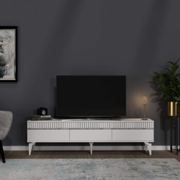 TV stolík DIMENSION - luxusný doplnok pre vašu obývaciu izbuTV stolík DIMENSION je perfektným spojením elegancie a funkčnosti, ktoré zaujme každého milovníka moderného dizajnu. Jeho luxusný vzhľad a praktické usporiadanie robia z tohto stolíka ideálny doplnok pre vašu obývaciu izbu.Vyrobený z vysoko kvalitného LTD materiálu s hrúbkou 18 mm, stolík DIMENSION zaručuje pevnosť a dlhú životnosť. Disponuje priestrannou skrinkou s tromi dvierkami, ktorá ponúka dostatok úložného priestoru pre vaše multimediálne zariadenia a ďalšie potreby. Vďaka svojmu modernému a luxusnému štýlu sa stolík stane stredobodom vašej obývačky.Hlavné vlastnosti produktu:Typ tovaru: TV stolíkVhodné do miestnosti: obývacia izbaMateriál: LTDRozmery: 44.6 x 180 x 29.6 cmFarba: biela + striebornáVybavenie: skrinkaŠtýl: luxusnéPočet dvierok: 3Dodatočné informácie: Dodávame v demonte, plastové nožičkyTV stolík DIMENSION je dodávaný v demontovanom stave, čo uľahčuje prepravu a montáž. Plastové nožičky zaisťujú stabilitu a ochranu podlahy pred poškodením.