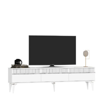 TV stolík DIMENSION - luxusný doplnok pre vašu obývaciu izbuTV stolík DIMENSION je perfektným spojením elegancie a funkčnosti, ktoré zaujme každého milovníka moderného dizajnu. Jeho luxusný vzhľad a praktické usporiadanie robia z tohto stolíka ideálny doplnok pre vašu obývaciu izbu.Vyrobený z vysoko kvalitného LTD materiálu s hrúbkou 18 mm, stolík DIMENSION zaručuje pevnosť a dlhú životnosť. Disponuje priestrannou skrinkou s tromi dvierkami, ktorá ponúka dostatok úložného priestoru pre vaše multimediálne zariadenia a ďalšie potreby. Vďaka svojmu modernému a luxusnému štýlu sa stolík stane stredobodom vašej obývačky.Hlavné vlastnosti produktu:Typ tovaru: TV stolíkVhodné do miestnosti: obývacia izbaMateriál: LTDRozmery: 44.6 x 180 x 29.6 cmFarba: biela + striebornáVybavenie: skrinkaŠtýl: luxusnéPočet dvierok: 3Dodatočné informácie: Dodávame v demonte, plastové nožičkyTV stolík DIMENSION je dodávaný v demontovanom stave, čo uľahčuje prepravu a montáž. Plastové nožičky zaisťujú stabilitu a ochranu podlahy pred poškodením.