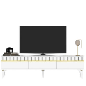 TV stolík DIMENSION - luxusný doplnok pre vašu obývaciu izbuTV stolík DIMENSION je perfektným spojením elegancie a funkčnosti, ktoré zaujme každého milovníka moderného dizajnu. Jeho luxusný vzhľad a praktické usporiadanie robia z tohto stolíka ideálny doplnok pre vašu obývaciu izbu.Vyrobený z vysoko kvalitného LTD materiálu s hrúbkou 18 mm, stolík DIMENSION zaručuje pevnosť a dlhú životnosť. Disponuje priestrannou skrinkou s tromi dvierkami, ktorá ponúka dostatok úložného priestoru pre vaše multimediálne zariadenia a ďalšie potreby. Vďaka svojmu modernému a luxusnému štýlu sa stolík stane stredobodom vašej obývačky.Hlavné vlastnosti produktu:Typ tovaru: TV stolíkVhodné do miestnosti: obývacia izbaMateriál: LTDRozmery: 44.6 x 180 x 29.6 cmFarba: biela + zlatáVybavenie: skrinkaŠtýl: luxusnéPočet dvierok: 3Dodatočné informácie: Dodávame v demonte, plastové nožičkyTV stolík DIMENSION je dodávaný v demontovanom stave, čo uľahčuje prepravu a montáž. Plastové nožičky zaisťujú stabilitu a ochranu podlahy pred poškodením.