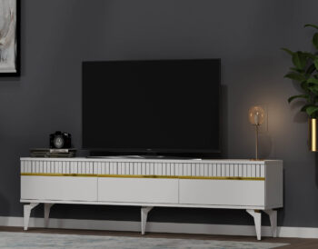 TV stolík DIMENSION - luxusný doplnok pre vašu obývaciu izbuTV stolík DIMENSION je perfektným spojením elegancie a funkčnosti, ktoré zaujme každého milovníka moderného dizajnu. Jeho luxusný vzhľad a praktické usporiadanie robia z tohto stolíka ideálny doplnok pre vašu obývaciu izbu.Vyrobený z vysoko kvalitného LTD materiálu s hrúbkou 18 mm, stolík DIMENSION zaručuje pevnosť a dlhú životnosť. Disponuje priestrannou skrinkou s tromi dvierkami, ktorá ponúka dostatok úložného priestoru pre vaše multimediálne zariadenia a ďalšie potreby. Vďaka svojmu modernému a luxusnému štýlu sa stolík stane stredobodom vašej obývačky.Hlavné vlastnosti produktu:Typ tovaru: TV stolíkVhodné do miestnosti: obývacia izbaMateriál: LTDRozmery: 44.6 x 180 x 29.6 cmFarba: biela + zlatáVybavenie: skrinkaŠtýl: luxusnéPočet dvierok: 3Dodatočné informácie: Dodávame v demonte, plastové nožičkyTV stolík DIMENSION je dodávaný v demontovanom stave, čo uľahčuje prepravu a montáž. Plastové nožičky zaisťujú stabilitu a ochranu podlahy pred poškodením.