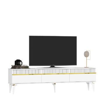 TV stolík DIMENSION - luxusný doplnok pre vašu obývaciu izbuTV stolík DIMENSION je perfektným spojením elegancie a funkčnosti, ktoré zaujme každého milovníka moderného dizajnu. Jeho luxusný vzhľad a praktické usporiadanie robia z tohto stolíka ideálny doplnok pre vašu obývaciu izbu.Vyrobený z vysoko kvalitného LTD materiálu s hrúbkou 18 mm, stolík DIMENSION zaručuje pevnosť a dlhú životnosť. Disponuje priestrannou skrinkou s tromi dvierkami, ktorá ponúka dostatok úložného priestoru pre vaše multimediálne zariadenia a ďalšie potreby. Vďaka svojmu modernému a luxusnému štýlu sa stolík stane stredobodom vašej obývačky.Hlavné vlastnosti produktu:Typ tovaru: TV stolíkVhodné do miestnosti: obývacia izbaMateriál: LTDRozmery: 44.6 x 180 x 29.6 cmFarba: biela + zlatáVybavenie: skrinkaŠtýl: luxusnéPočet dvierok: 3Dodatočné informácie: Dodávame v demonte, plastové nožičkyTV stolík DIMENSION je dodávaný v demontovanom stave, čo uľahčuje prepravu a montáž. Plastové nožičky zaisťujú stabilitu a ochranu podlahy pred poškodením.