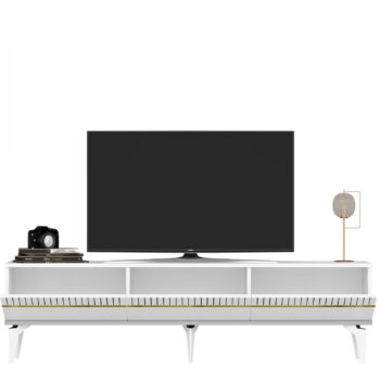 TV stolík DIMENSION - luxusný doplnok pre vašu obývaciu izbuTV stolík DIMENSION je perfektným spojením elegancie a funkčnosti, ktoré zaujme každého milovníka moderného dizajnu. Jeho luxusný vzhľad a praktické usporiadanie robia z tohto stolíka ideálny doplnok pre vašu obývaciu izbu.Vyrobený z vysoko kvalitného LTD materiálu s hrúbkou 18 mm, stolík DIMENSION zaručuje pevnosť a dlhú životnosť. Disponuje priestrannou skrinkou s tromi dvierkami, ktorá ponúka dostatok úložného priestoru pre vaše multimediálne zariadenia a ďalšie potreby. Vďaka svojmu modernému a luxusnému štýlu sa stolík stane stredobodom vašej obývačky.Hlavné vlastnosti produktu:Typ tovaru: TV stolíkVhodné do miestnosti: obývacia izbaMateriál: LTDRozmery: 44.6 x 180 x 29.6 cmFarba: biela + zlatáVybavenie: skrinkaŠtýl: luxusnéPočet dvierok: 3Dodatočné informácie: Dodávame v demonte, plastové nožičkyTV stolík DIMENSION je dodávaný v demontovanom stave, čo uľahčuje prepravu a montáž. Plastové nožičky zaisťujú stabilitu a ochranu podlahy pred poškodením.