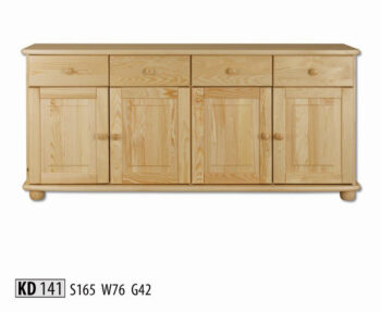 KD141 Kombinovaná komoda z masívneho borovicového dreva. Disponuje 4 zásuvkami. Je štvordverová. Farebné prevedenie: prírodná borovica. Za príplatok je možnosť namorenia na odtieň dub, orech a jelša.