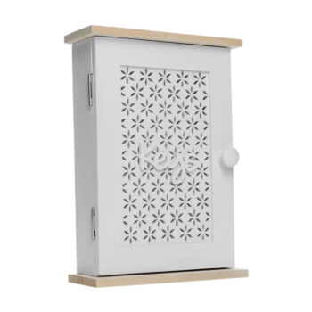 Skrinka na kľúče Dodoma - biela / prírodná; Rozmery (ŠxHxV): 20x7x28 cm; Materiál: lakovaná MDF.