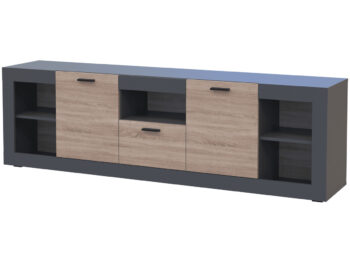 Dvojdverová komoda so zásuvkou Dolin CH-2D/1DR v prevedení grafit / dub sonoma je moderným a praktickým kusom nábytku, ktorý sa hodí do každého interiéru. Jej rozmery sú 202.3 cm na šírku, 63 cm na výšku a 41.6 cm na hĺbku.