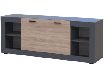 Dvojdverová komoda Dolin CH-2D v prevedení grafit / dub sonoma je moderným a praktickým kusom nábytku, ktorý sa hodí do každého interiéru. Jej tmavá farba dodáva priestoru eleganciu a štýl. Komoda je vyrobená z aglomerovaného materiálu DTD, ktorý je známy svojou odolnosťou a dlhou životnosťou.