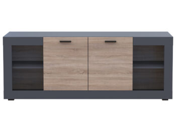 Dvojdverová komoda Dolin CH-2D v prevedení grafit / dub sonoma je moderným a praktickým kusom nábytku, ktorý sa hodí do každého interiéru. Jej tmavá farba dodáva priestoru eleganciu a štýl. Komoda je vyrobená z aglomerovaného materiálu DTD, ktorý je známy svojou odolnosťou a dlhou životnosťou.