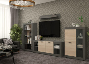 Dvojdverová komoda Dolin CH-2D v prevedení grafit / dub sonoma je moderným a praktickým kusom nábytku, ktorý sa hodí do každého interiéru. Jej tmavá farba dodáva priestoru eleganciu a štýl. Komoda je vyrobená z aglomerovaného materiálu DTD, ktorý je známy svojou odolnosťou a dlhou životnosťou.