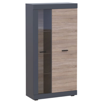 Dvojdverová vitrína Dolin CT v prevedení grafit / dub sonoma je moderným a praktickým kusom nábytku, ktorý sa hodí do každého interiéru. Jej tmavá farba dodáva priestoru eleganciu a štýl. Vitrína je vyrobená z aglomerovaného materiálu DTD, ktorý je známy svojou odolnosťou a dlhou životnosťou.