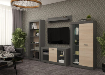 Dvojdverová vitrína Dolin CT v prevedení grafit / dub sonoma je moderným a praktickým kusom nábytku, ktorý sa hodí do každého interiéru. Jej tmavá farba dodáva priestoru eleganciu a štýl. Vitrína je vyrobená z aglomerovaného materiálu DTD, ktorý je známy svojou odolnosťou a dlhou životnosťou.