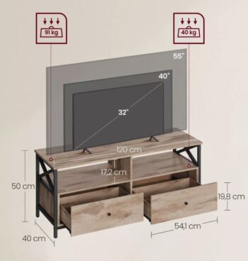 Štýlový TV stolík DOLLY bude ozdobou každého interiéru ladenom v modernom štýle. Farebná kombinácia dub Sonoma v kombinácii so vzperami z čierneho kovu v tvare X dodáva tomuto TV stolíku nádych industriálneho štýlu. Tento TV stolík bude stredobodom pozornosti vašej obývačky.Oceľ znamená stabilitu, drevotrieska robustnosť. Vďaka tejto kombinácii TV skrinka unesie až 91 kg a bude vás sprevádzať niekoľko rokov.TV stolík DOLLY s 2 otvorenými úložnými priestormi, 2 zásuvkami, 1 priestranným povrchom ponúka dostatok úložného priestoru, navyše stojí na 4 nastaviteľných nožičkách, ktoré vyrovnávajú nerovnosti na podlahe.Vlastnosti: Materiál: kvalitné LTD / kovFarebné prevedenie: dub Sonoma / čierny kovRozmer: 40 x 120 x 50 cm (H x Š x V)Hmotnosť: 25,6 kgMax.Statická nosnosť dosky stola: 40 kgCelková statická nosnosť: 91 kgDodávame v demontovanom stave.