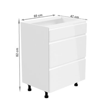 Spodná skrinka AURORA D60S3 umožňuje vyskladať si kuchyňu podľa vlastných predstáv. Rozmery skrinky sú (ŠxHxV): 60x47x82 cm. Skrinka je s tromi šuplíkmi. Šuplíky sú bez úchytiek. Je vyrobená z kvalitnej MDF (drevovláknitá doska) a korpusu z laminovanej DTD (drevotriesková doska). Farebné prevedenie…