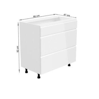 Spodná skrinka AURORA D80S3 umožňuje vyskladať si kuchyňu podľa vlastných predstáv. Rozmery skrinky sú (ŠxHxV): 80x47x82 cm. Skrinka je s tromi šuplíkmi. Šuplíky sú bez úchytiek. Je vyrobená z kvalitnej MDF (drevovláknitá doska) a korpusu z laminovanej DTD (drevotriesková doska). Farebné prevedenie…