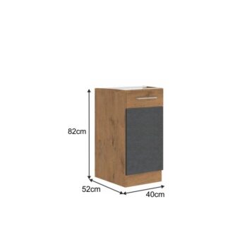 Spodná skrinka VEGA 40 D 1F BB Vám pomôže vyskladať takú kuchyňu po akej túžite. Rozmery skrinky sú (ŠxHxV): 40x52x82 cm. Moderný vzhľad zaručuje farebná kombinácia sivá matná a dub lancelot. Vyrobená je z laminovanej DTD (drevotriesková doska). Dvierka sa pýšia systémom tichého zatvárania.…