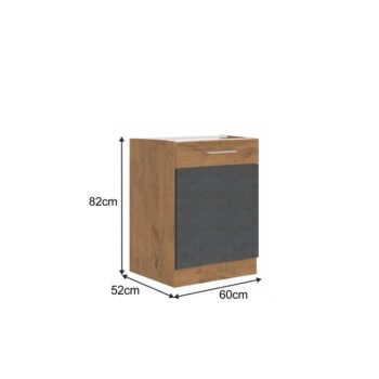 Spodná skrinka VEGA 60 D 1F BB Vám pomôže vyskladať takú kuchyňu po akej túžite. Rozmery skrinky sú (ŠxHxV): 60x52x82 cm. Moderný vzhľad zaručuje farebná kombinácia sivá matná a dub lancelot. Vyrobená je z laminovanej DTD (drevotriesková doska). Dvierka sa pýšia systémom tichého zatvárania.…