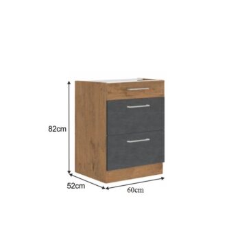 Spodná skrinka VEGA 60 D 3S BB Vám pomôže vyskladať takú kuchyňu po akej túžite. Rozmery skrinky sú (ŠxHxV): 60x52x82 cm. Moderný vzhľad zaručuje farebná kombinácia sivá matná a dub lancelot. Vyrobená je z laminovanej DTD (drevotriesková doska). Disponuje tromi šuplíkmi, ktoré sa pýšia systémom…