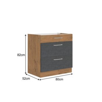 Spodná skrinka VEGA 80 D 3S BB Vám pomôže vyskladať takú kuchyňu po akej túžite. Rozmery skrinky sú (ŠxHxV): 80x52x82 cm. Moderný vzhľad zaručuje farebná kombinácia sivá matná a dub lancelot. Vyrobená je z laminovanej DTD (drevotriesková doska). Disponuje tromi šuplíkmi, ktoré sa pýšia systémom…