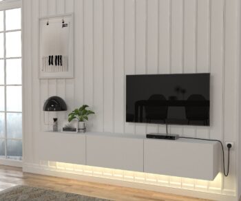 Moderný a štýlový TV stolík DOMEL vás osloví svojim minimalistickým dizajnom a priaznivou cenou. Je ideálny do moderne zariadených priestorov a vďaka závesnému systému pôsobí vzdušne a štýlovo.TV skrinka disponuje výklopnými skrinkami a uloženie rôznych vecí. Je vyrobená z kvalitnej LTD dosky, ktorá je nenáročná na údržbu. Hrúbka materiálu: 18 mm. Hrany sú ohraničené PVC hranou.LED osvetlenie je v cene televízneho stolíka.Farebné prevedenie: biela.Rozmery TV stolíka: (š,v,h) 180 x 29,5 x 29,5 cm Dodávame v demonte.