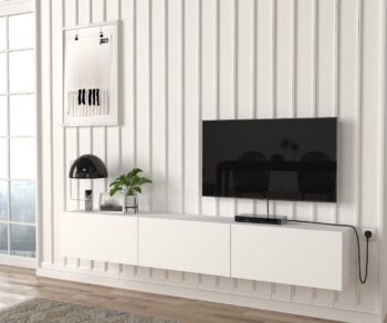 Moderný a štýlový TV stolík DOMEL vás osloví svojim minimalistickým dizajnom a priaznivou cenou. Je ideálny do moderne zariadených priestorov a vďaka závesnému systému pôsobí vzdušne a štýlovo.TV skrinka disponuje výklopnými skrinkami a uloženie rôznych vecí. Je vyrobená z kvalitnej LTD dosky, ktorá je nenáročná na údržbu. Hrúbka materiálu: 18 mm. Hrany sú ohraničené PVC hranou.LED osvetlenie je v cene televízneho stolíka.Farebné prevedenie: biela.Rozmery TV stolíka: (š,v,h) 180 x 29,5 x 29,5 cm Dodávame v demonte.