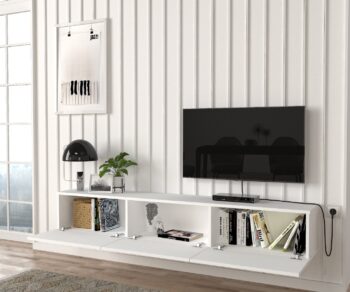 Moderný a štýlový TV stolík DOMEL vás osloví svojim minimalistickým dizajnom a priaznivou cenou. Je ideálny do moderne zariadených priestorov a vďaka závesnému systému pôsobí vzdušne a štýlovo.TV skrinka disponuje výklopnými skrinkami a uloženie rôznych vecí. Je vyrobená z kvalitnej LTD dosky, ktorá je nenáročná na údržbu. Hrúbka materiálu: 18 mm. Hrany sú ohraničené PVC hranou.LED osvetlenie je v cene televízneho stolíka.Farebné prevedenie: biela.Rozmery TV stolíka: (š,v,h) 180 x 29,5 x 29,5 cm Dodávame v demonte.