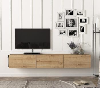 Moderný a štýlový TV stolík DOMEL vás osloví svojim minimalistickým dizajnom a priaznivou cenou. Je ideálny do moderne zariadených priestorov a vďaka závesnému systému pôsobí vzdušne a štýlovo.TV skrinka disponuje výklopnými skrinkami a uloženie rôznych vecí. Je vyrobená z kvalitnej LTD dosky, ktorá je nenáročná na údržbu. Hrúbka materiálu: 18 mm. Hrany sú ohraničené PVC hranou.Farebné prevedenie: zafír.Rozmery TV stolíka: (š,v,h) 180 x 29,5 x 29,5 cm 
